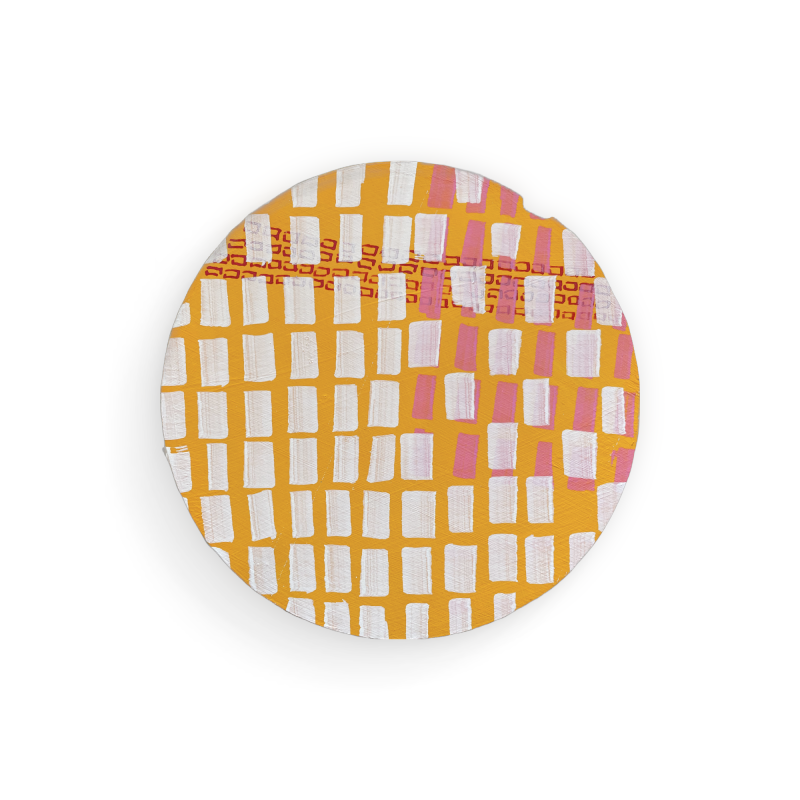 Round drawing on MDF, orange, white, red, yellow