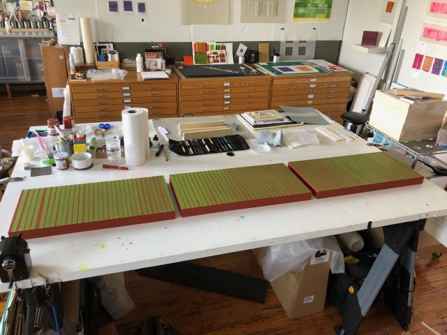 Stella Untalan studio worktable view with Sonic a new commission